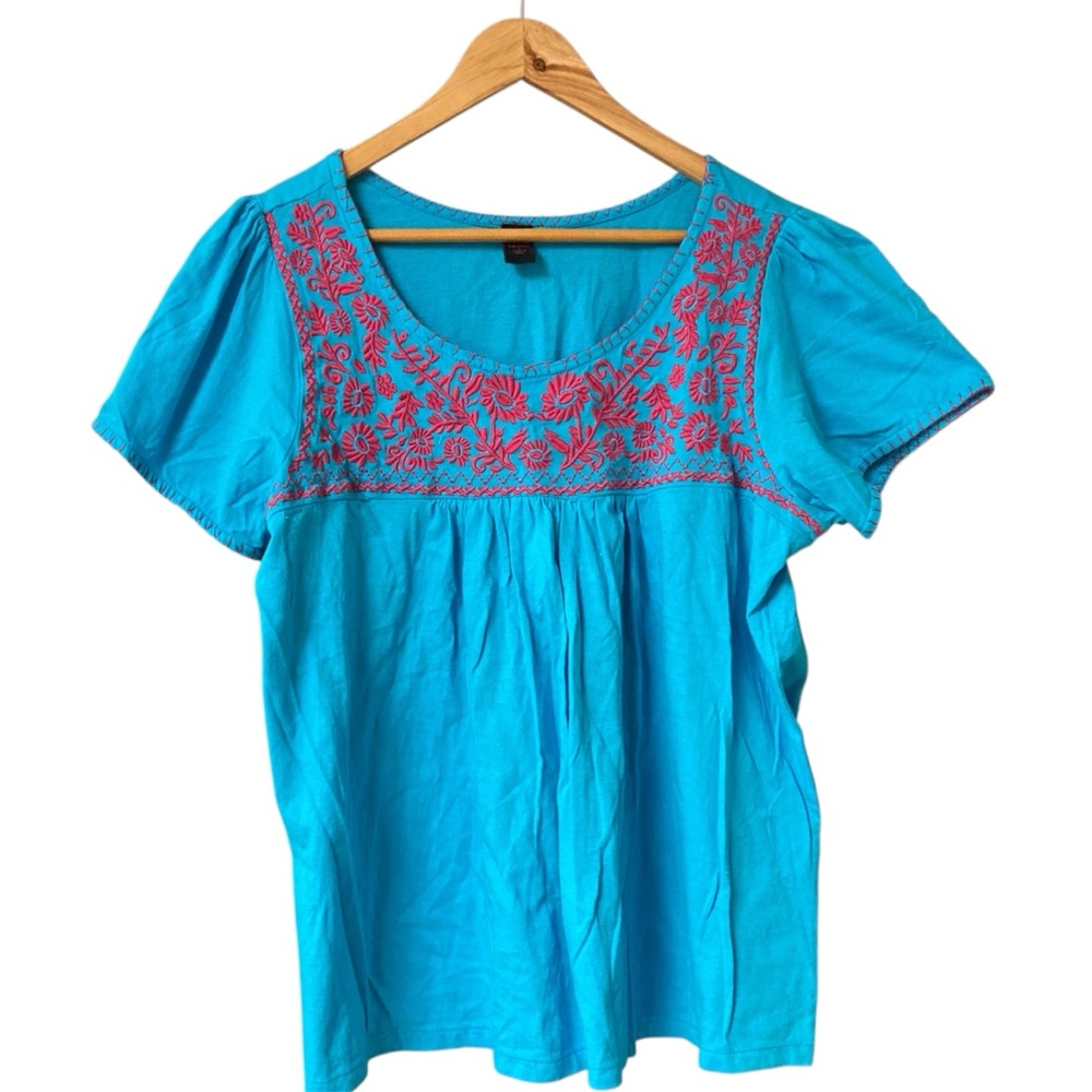JW Style Embroidered L Pink Blue short sleeved Blouse colorful spring floral